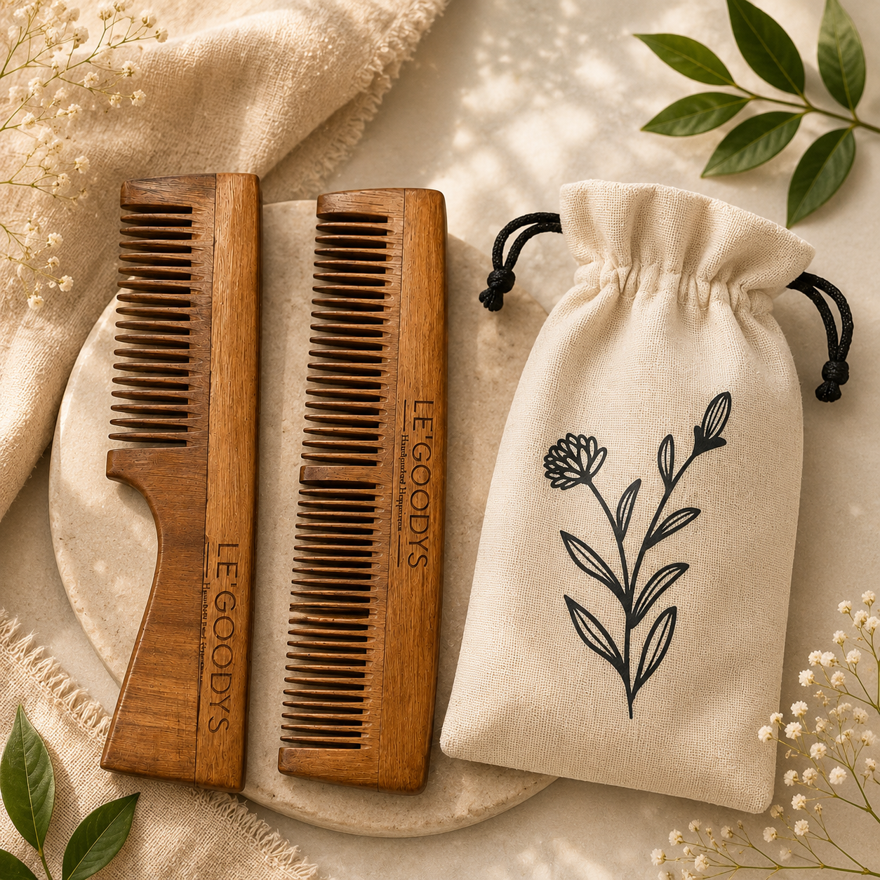 Le'Goodys Herbal Oil Treated Neem Wooden Comb Set (Rosemary Neem Amla and Other Oils)