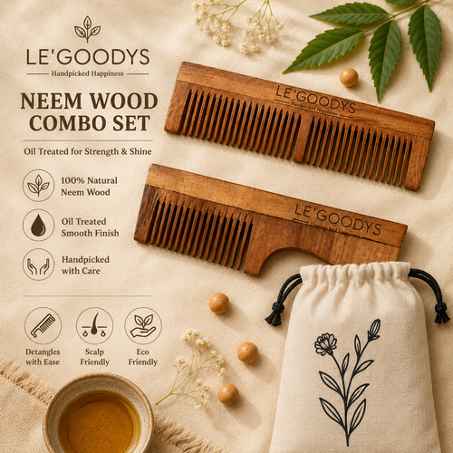 Le'Goodys Herbal Oil Treated Neem Wooden Comb Set (Rosemary Neem Amla and Other Oils)