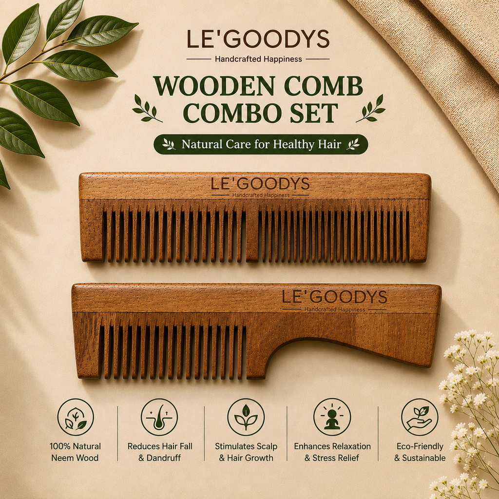 Le'Goodys Herbal Oil Treated Neem Wooden Comb Set (Rosemary Neem Amla and Other Oils)