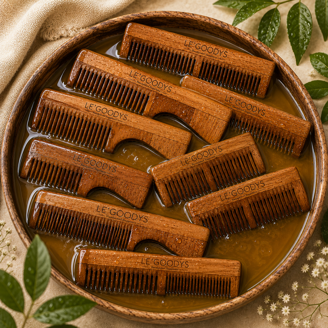 Le'Goodys Herbal Oil Treated Neem Wooden Comb Set (Rosemary Neem Amla and Other Oils)