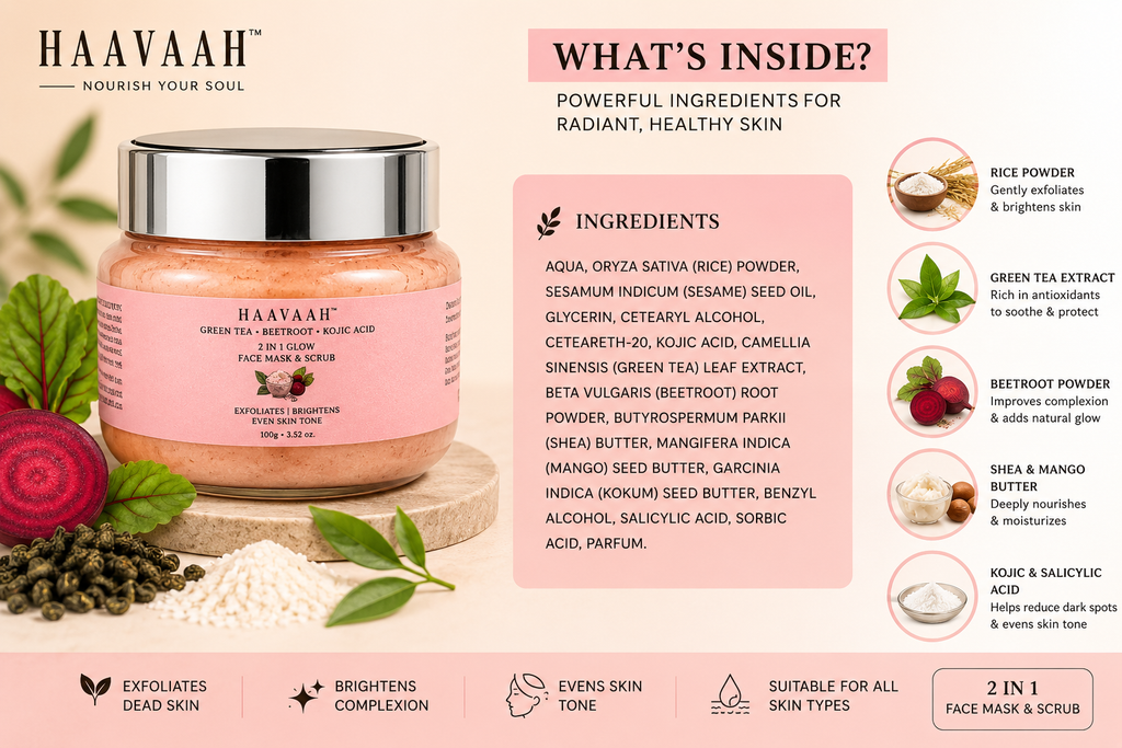 HAAVAAH Green Tea Beetroot & Kojic Acid 2 in 1 Glow Face Mask & Scrub